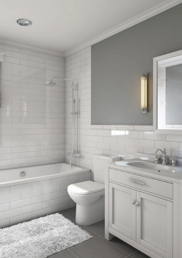 A new bathroom fit out with bath, shower, toilet, sink and vanity unit