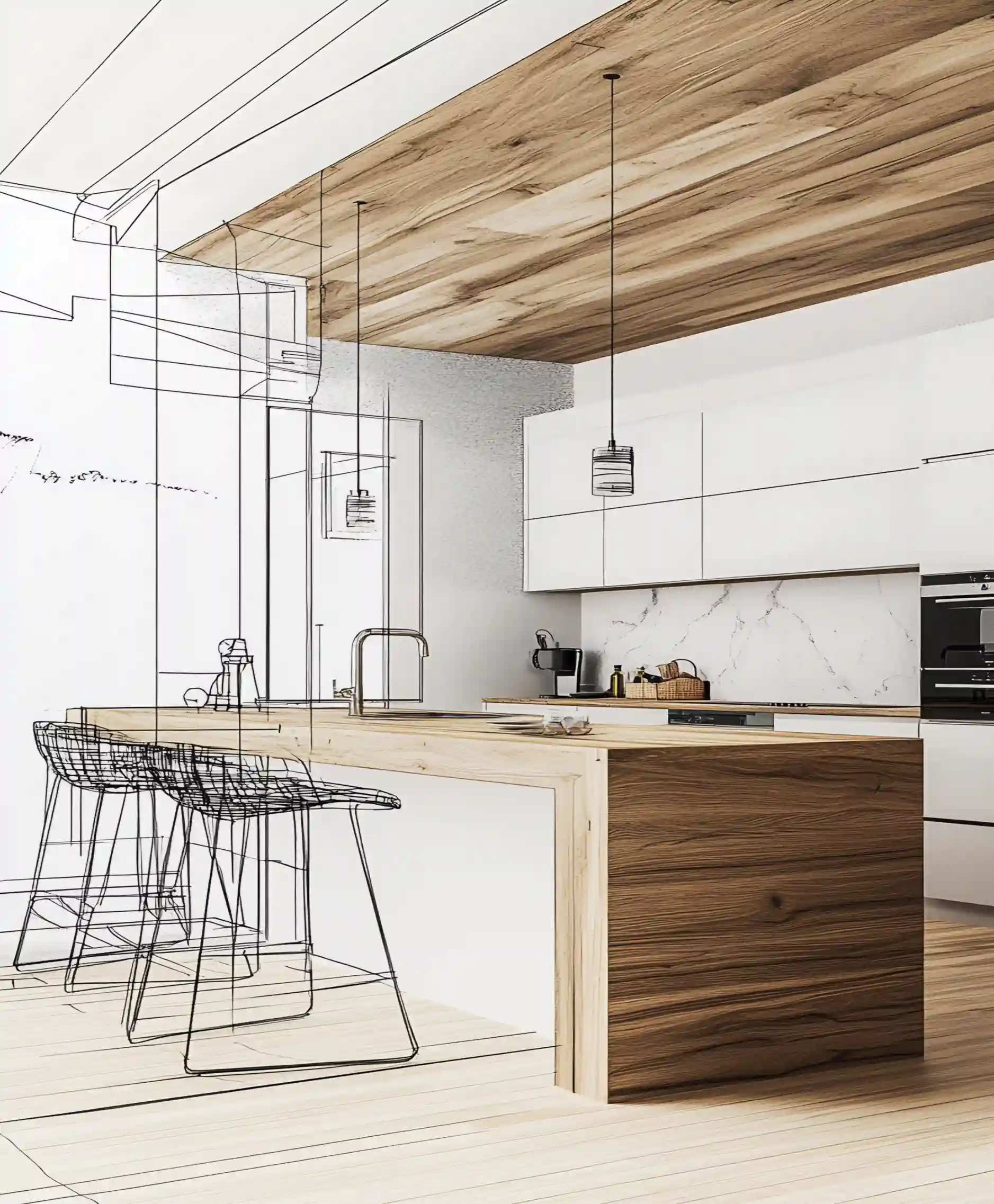 Computer CAD interior rendering of kitchen layout